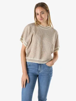 Solada Maglia donna in lurex a maniche corte con ricami - khaki