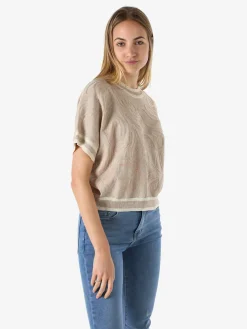 Solada Maglia donna in lurex a maniche corte con ricami - khaki