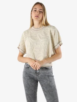 Solada Maglia donna in lurex a maniche corte con ricami - beige