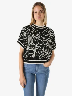 Solada Maglia donna in lurex a maniche corte con ricami - nero