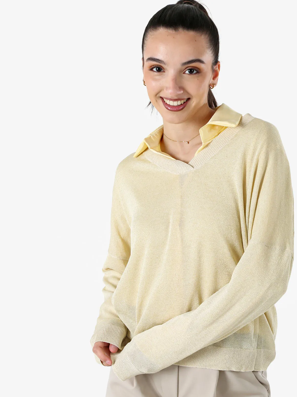 Solada Maglia donna lurex oversize con scollo V - oro