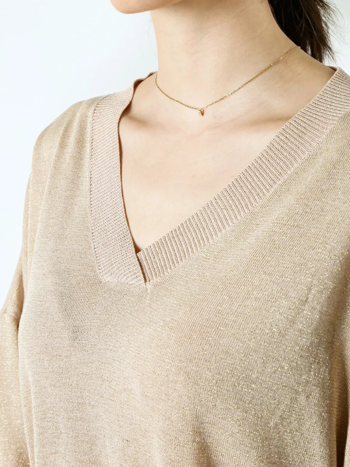 Solada Maglia donna lurex oversize con scollo V - cammello