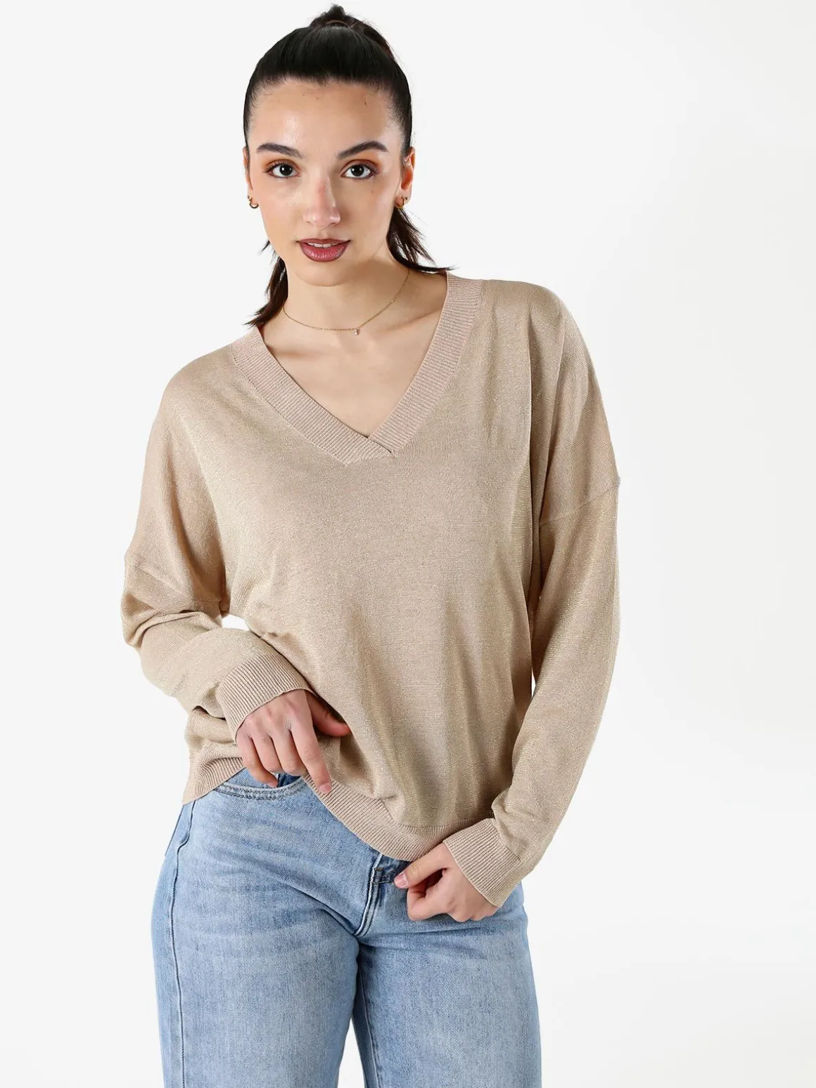 Solada Maglia donna lurex oversize con scollo V - cammello