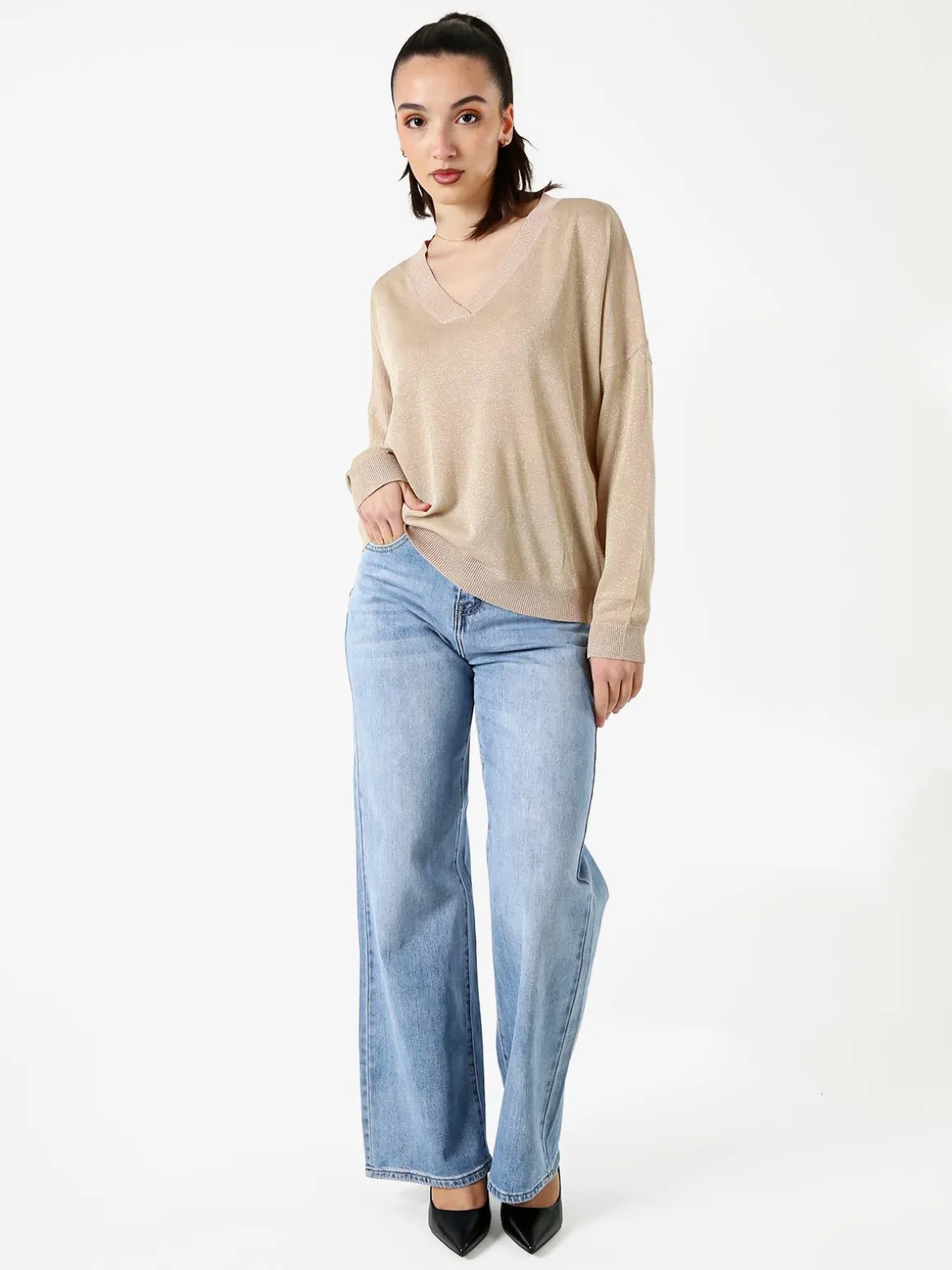 Solada Maglia donna lurex oversize con scollo V - cammello