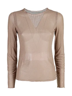 Solada Maglia girocollo da donna in microrete con borchie - marrone