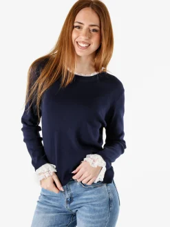 Solada Maglia girocollo da donna con dettagli in pizzo - blu scuro