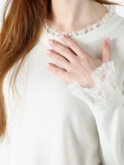 Solada Maglia girocollo da donna con dettagli in pizzo - bianco