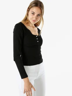 Solada Maglietta donna in cotone a maniche lunghe con dettaglio di pizzo - nero