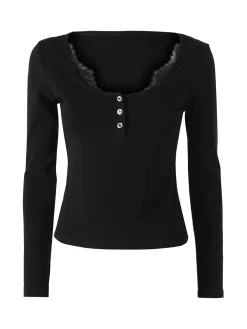 Solada Maglietta donna in cotone a maniche lunghe con dettaglio di pizzo - nero