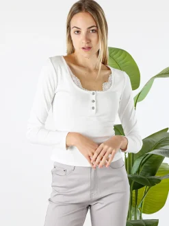 Solada Maglietta donna in cotone a maniche lunghe con dettaglio di pizzo - bianco