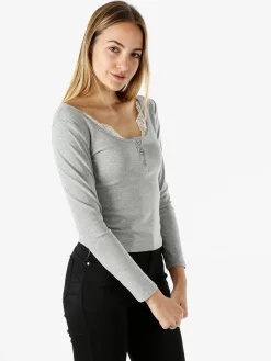 Solada Maglietta donna in cotone a maniche lunghe con dettaglio di pizzo - grigio