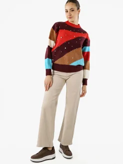Solada Maglione donna oversize a blocchi di colore con strass - arancione