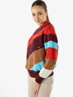 Solada Maglione donna oversize a blocchi di colore con strass - arancione
