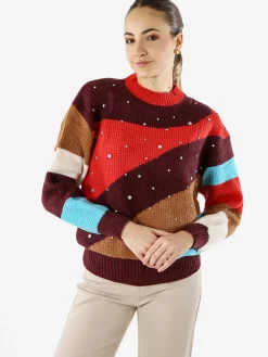 Solada Maglione donna oversize a blocchi di colore con strass - arancione