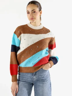 Solada Maglione donna oversize a blocchi di colore con strass - bianco