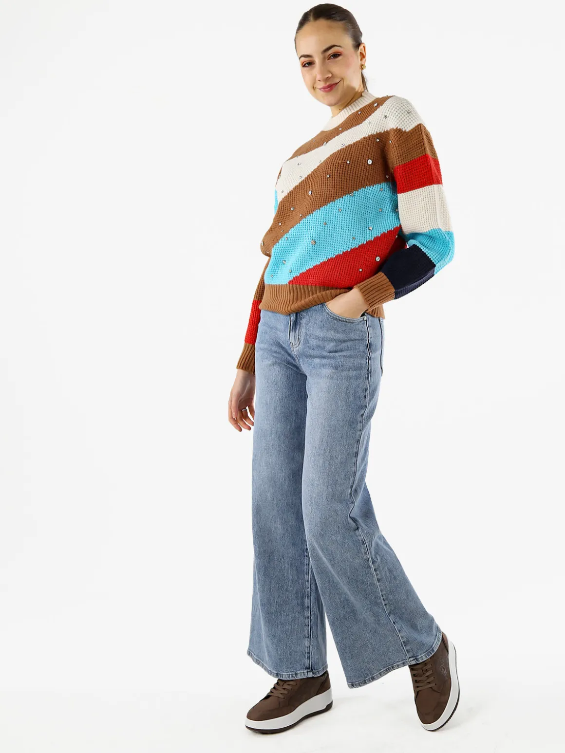Solada Maglione donna oversize a blocchi di colore con strass - bianco