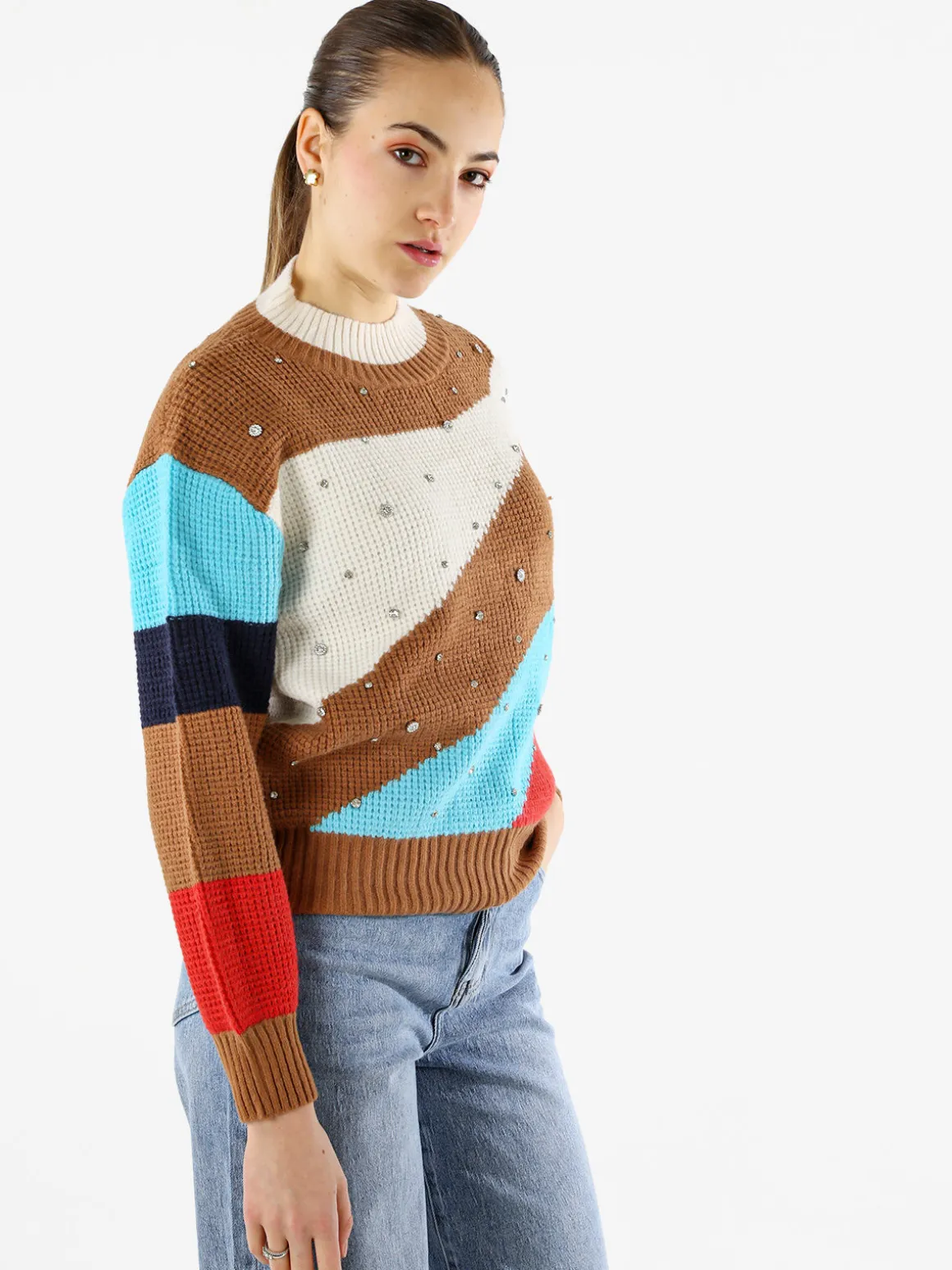 Solada Maglione donna oversize a blocchi di colore con strass - bianco