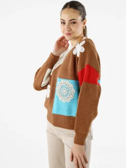 Solada Maglione donna oversize a blocchi di colore con ricami - bianco
