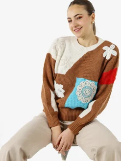 Solada Maglione donna oversize a blocchi di colore con ricami - bianco