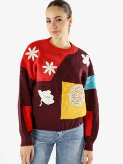 Solada Maglione donna oversize a blocchi di colore con ricami - arancione