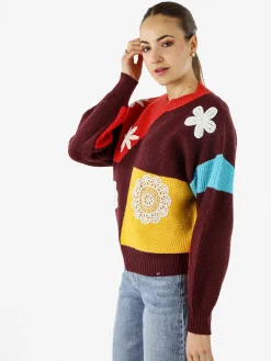 Solada Maglione donna oversize a blocchi di colore con ricami - rosso