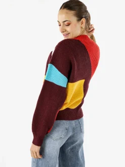 Solada Maglione donna oversize a blocchi di colore con ricami - rosso