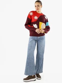 Solada Maglione donna oversize a blocchi di colore con ricami - rosso