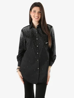 Solada Maxi camicia da donna con bottoni gioiello e strass - nero