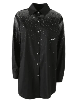 Solada Maxi camicia da donna con bottoni gioiello e strass - nero