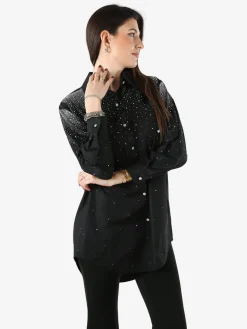 Solada Maxi camicia da donna con bottoni gioiello e strass - nero