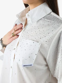 Solada Maxi camicia da donna con bottoni gioiello e strass - bianco