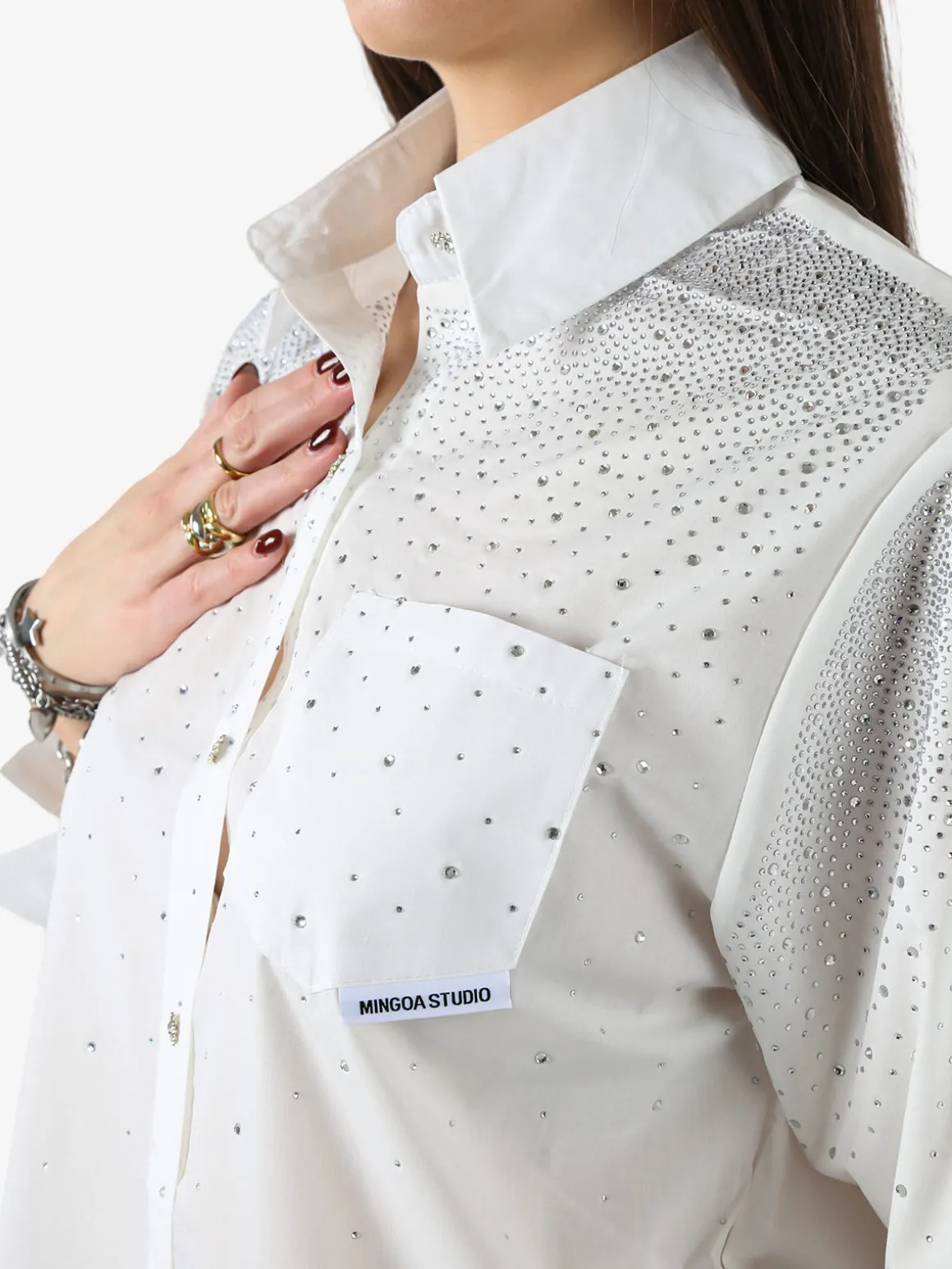 Solada Maxi camicia da donna con bottoni gioiello e strass - bianco
