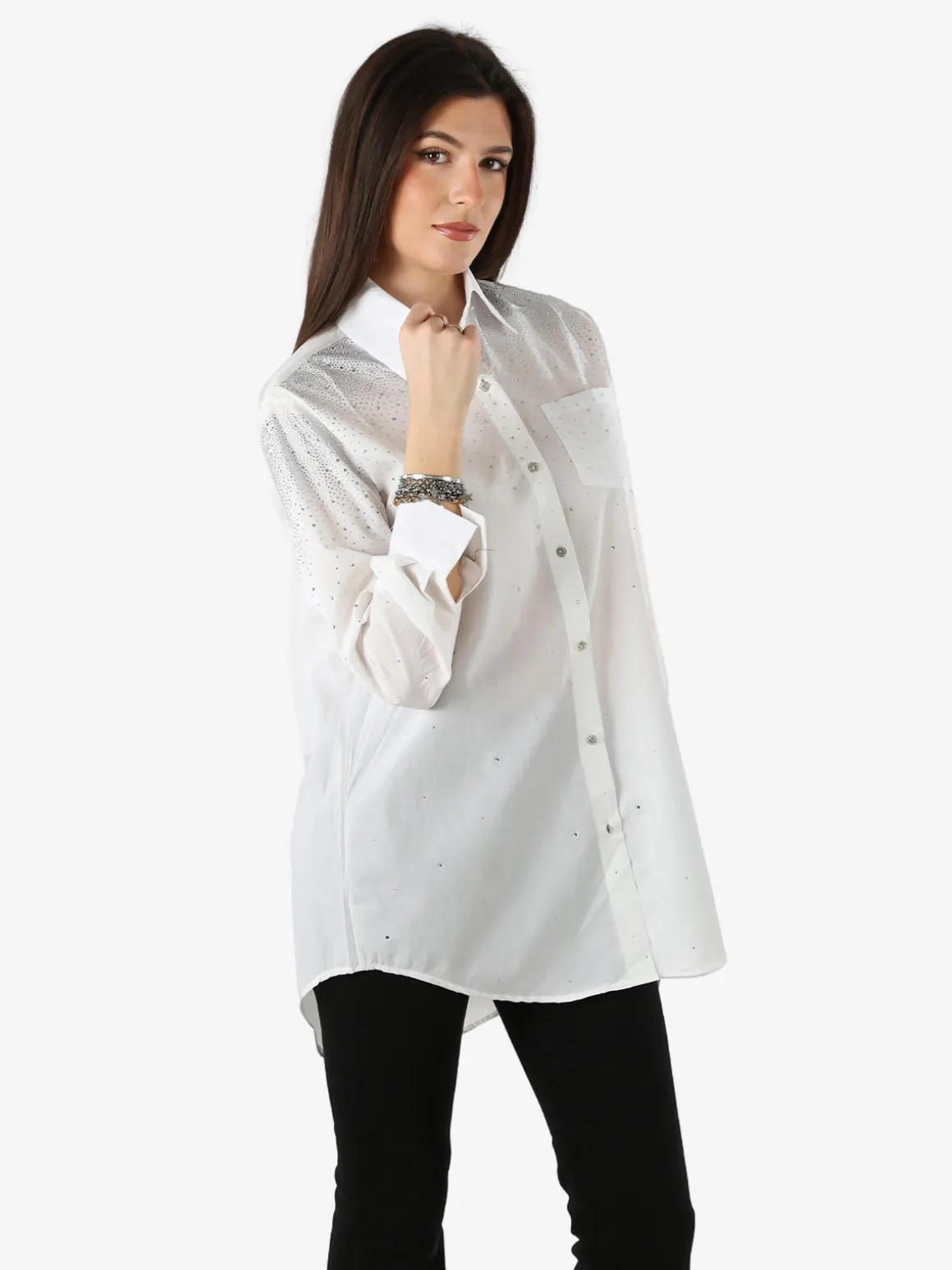 Solada Maxi camicia da donna con bottoni gioiello e strass - bianco