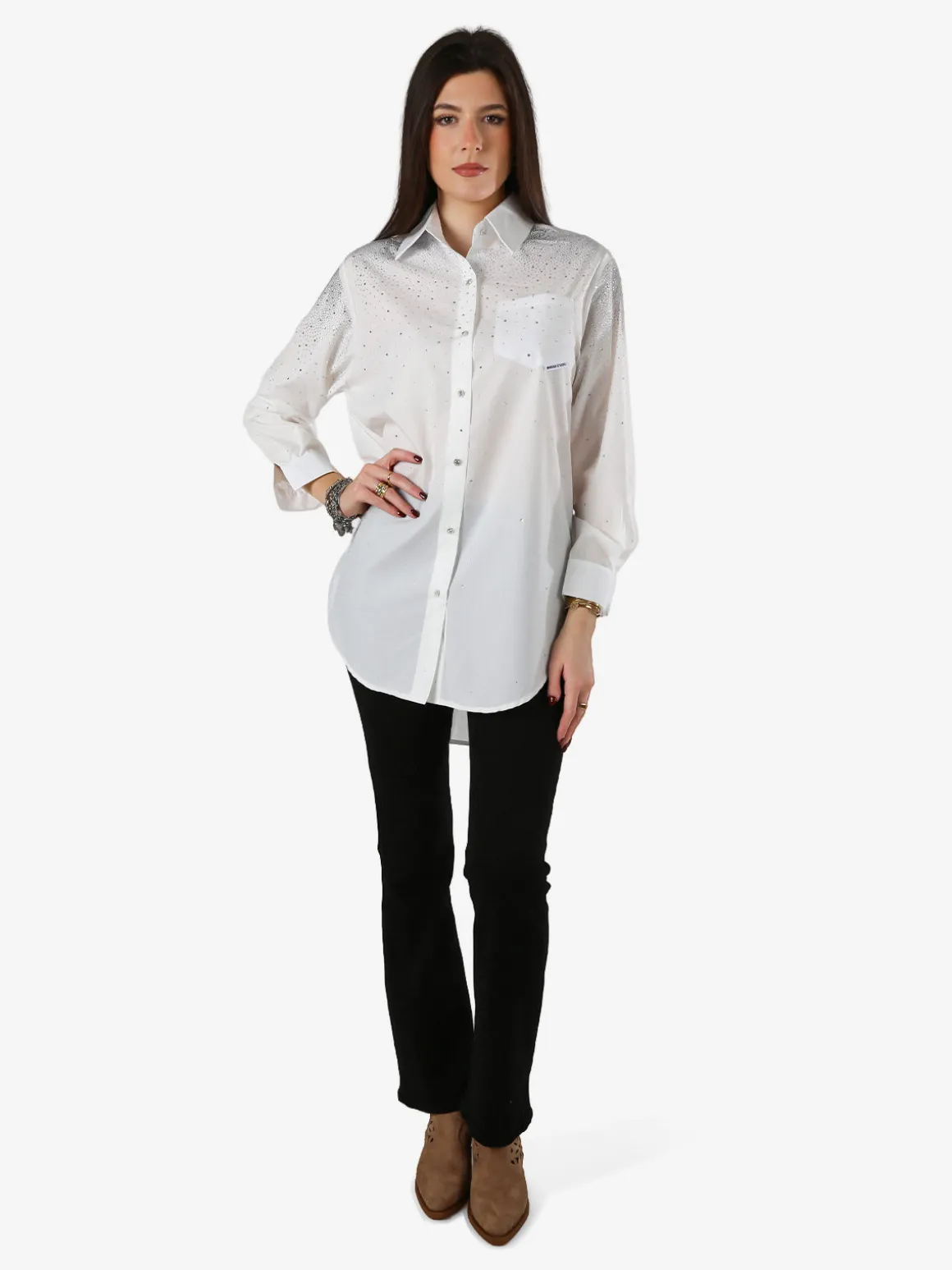 Solada Maxi camicia da donna con bottoni gioiello e strass - bianco