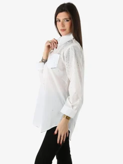 Solada Maxi camicia da donna con bottoni gioiello e strass - bianco
