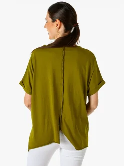 Solada Maxi t-shirt donna in cotone con maniche risvoltate - oliva