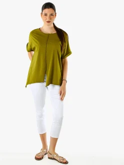 Solada Maxi t-shirt donna in cotone con maniche risvoltate - oliva