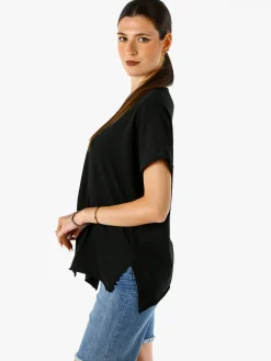 Solada Maxi t-shirt donna in cotone con maniche risvoltate - nero