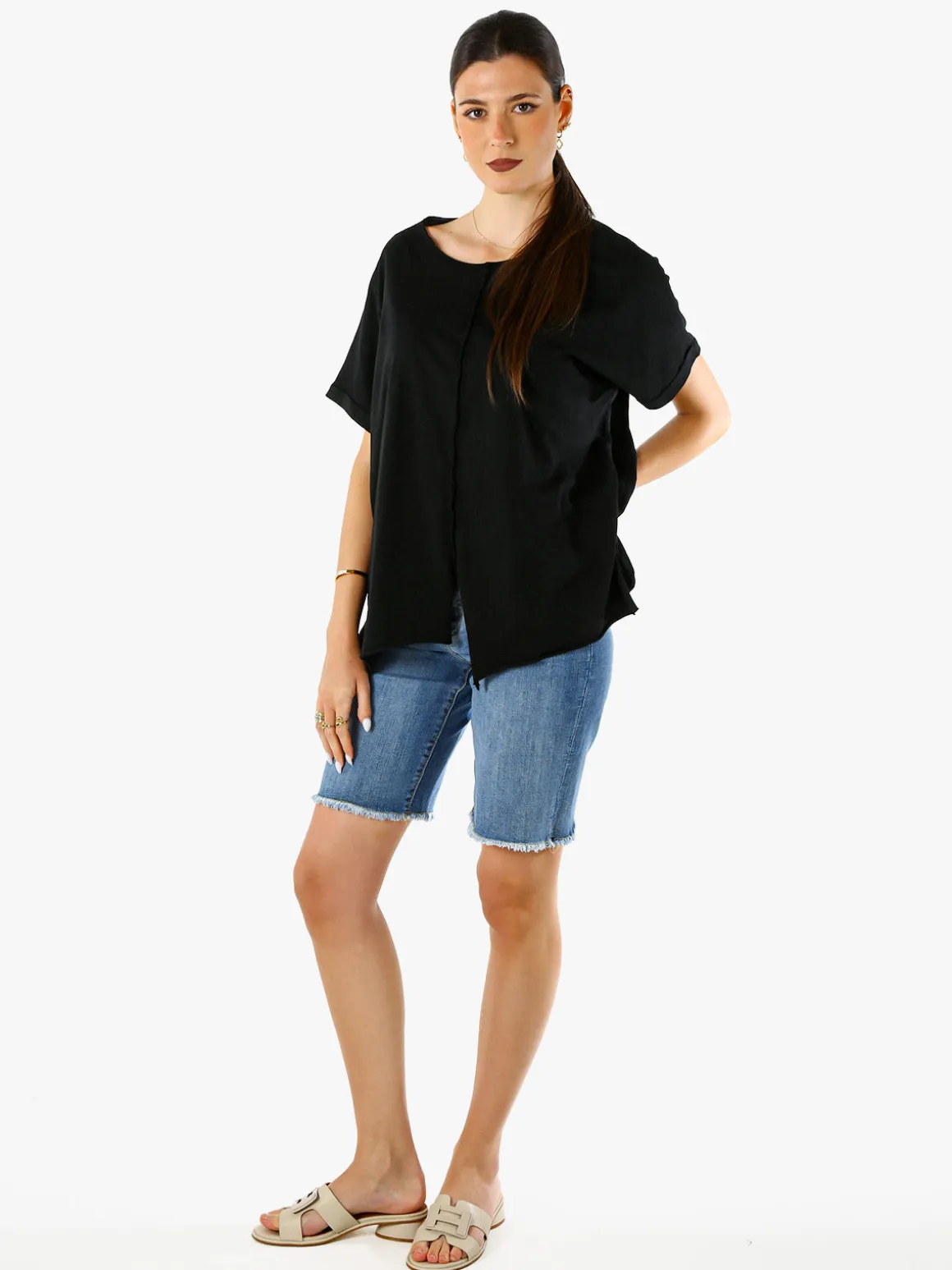 Solada Maxi t-shirt donna in cotone con maniche risvoltate - nero