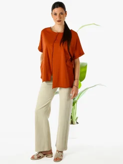 Solada Maxi t-shirt donna in cotone con maniche risvoltate - cuoio