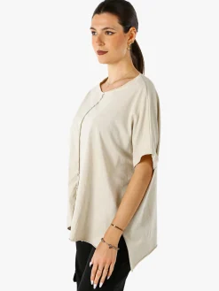 Solada Maxi t-shirt donna in cotone con maniche risvoltate - beige