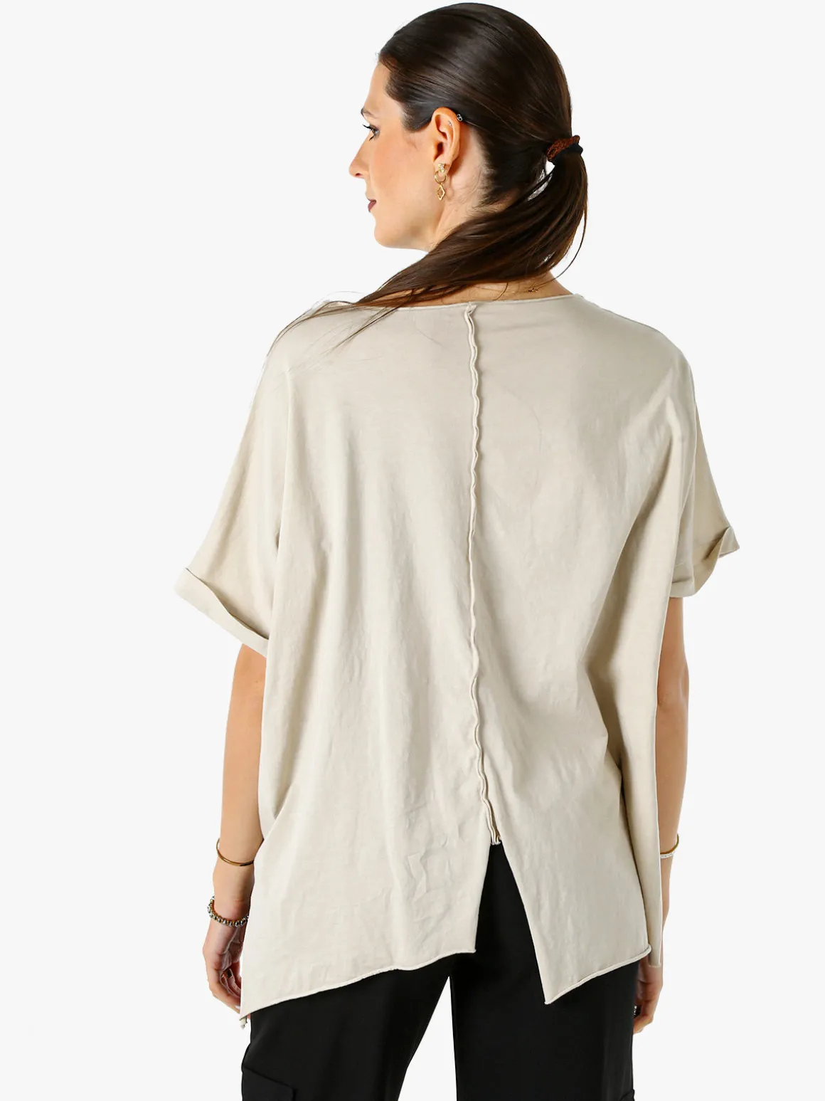 Solada Maxi t-shirt donna in cotone con maniche risvoltate - beige