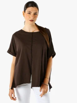 Solada Maxi t-shirt donna in cotone con maniche risvoltate - marrone