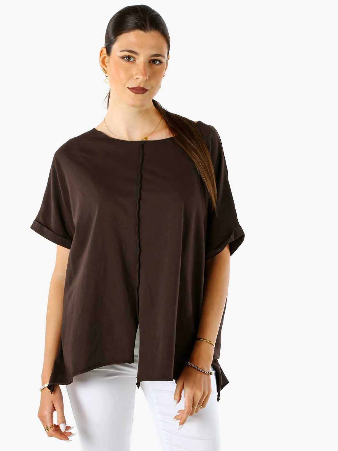 Solada Maxi t-shirt donna in cotone con maniche risvoltate - marrone