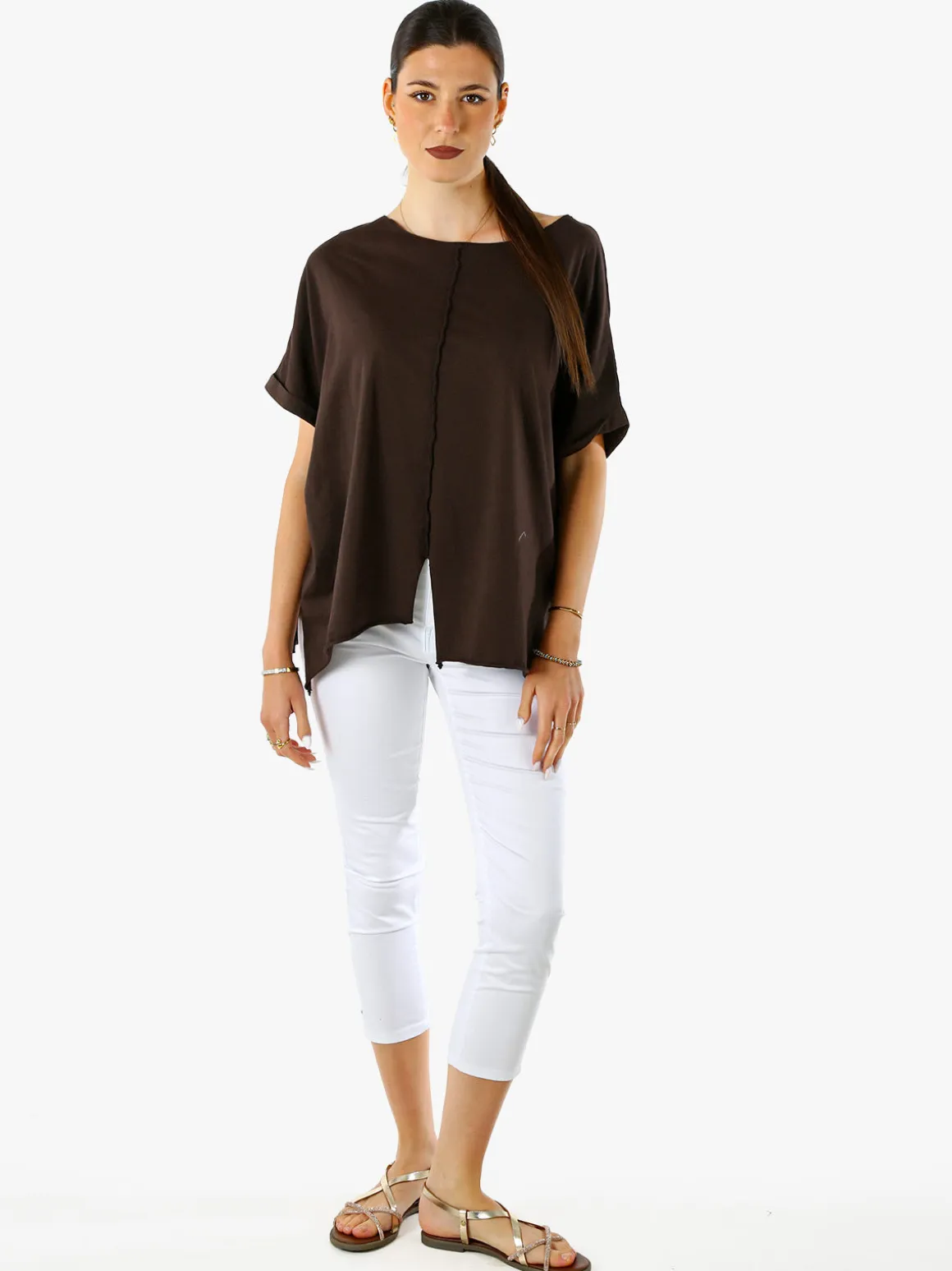 Solada Maxi t-shirt donna in cotone con maniche risvoltate - marrone