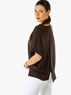 Solada Maxi t-shirt donna in cotone con maniche risvoltate - marrone
