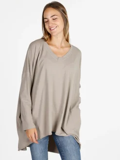 Solada Maxi t-shirt donna in cotone a maniche lunghe - beige