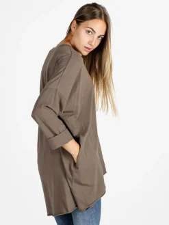 Solada Maxi t-shirt donna in cotone a maniche lunghe - fango