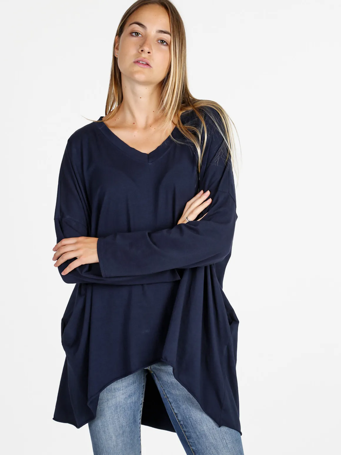 Solada Maxi t-shirt donna in cotone a maniche lunghe - blu