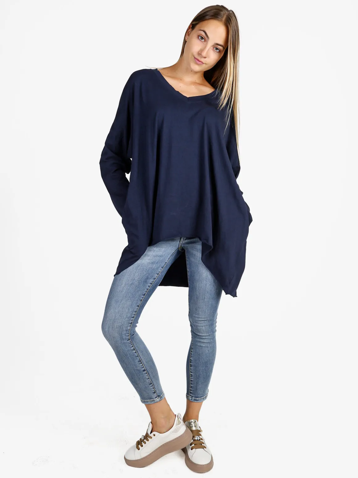 Solada Maxi t-shirt donna in cotone a maniche lunghe - blu